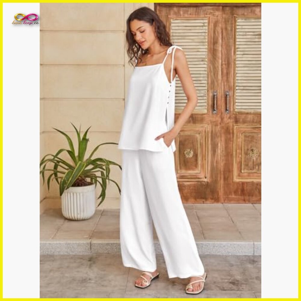 Lounge Set 2 Piece Summer Outfits Spaghetti Strap Tank Top Wide Leg Pants Travel - Picture 3 of 7
